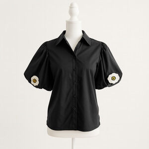 By Design S Black Puff Sleeve Button Up Embroidered Top NWT Poplin Holiday Chic